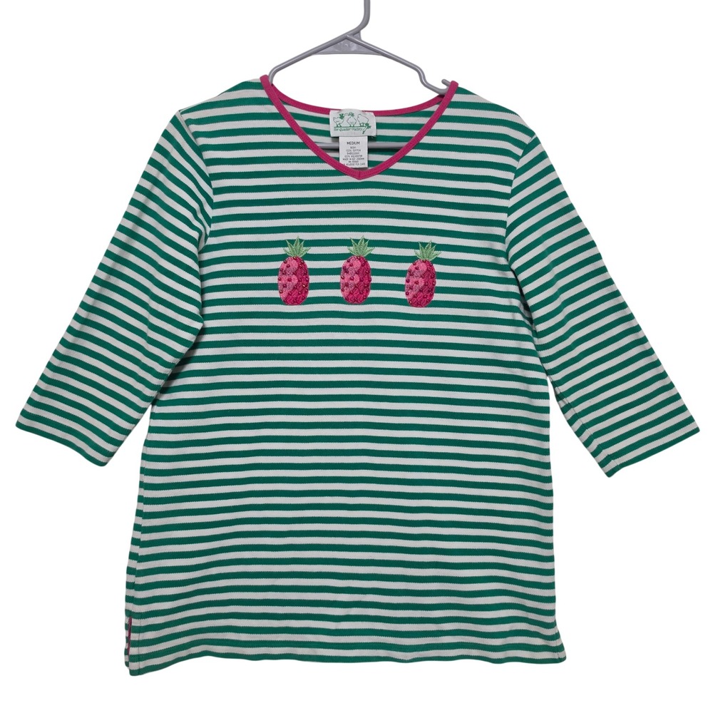 Quacker Factory Pink Sequin Pineapple Embroidered Striped Top Preppy Coastal Med